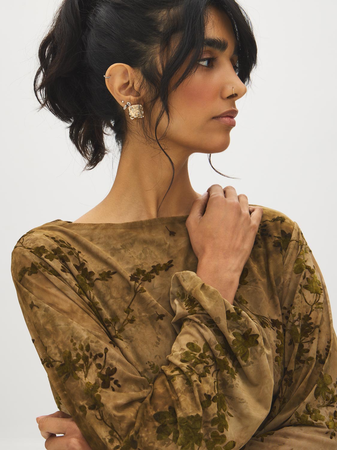 Floral Flocked Mesh Top with Balloon Sleeves - Close-up Fabric Detail - Suzy Shier