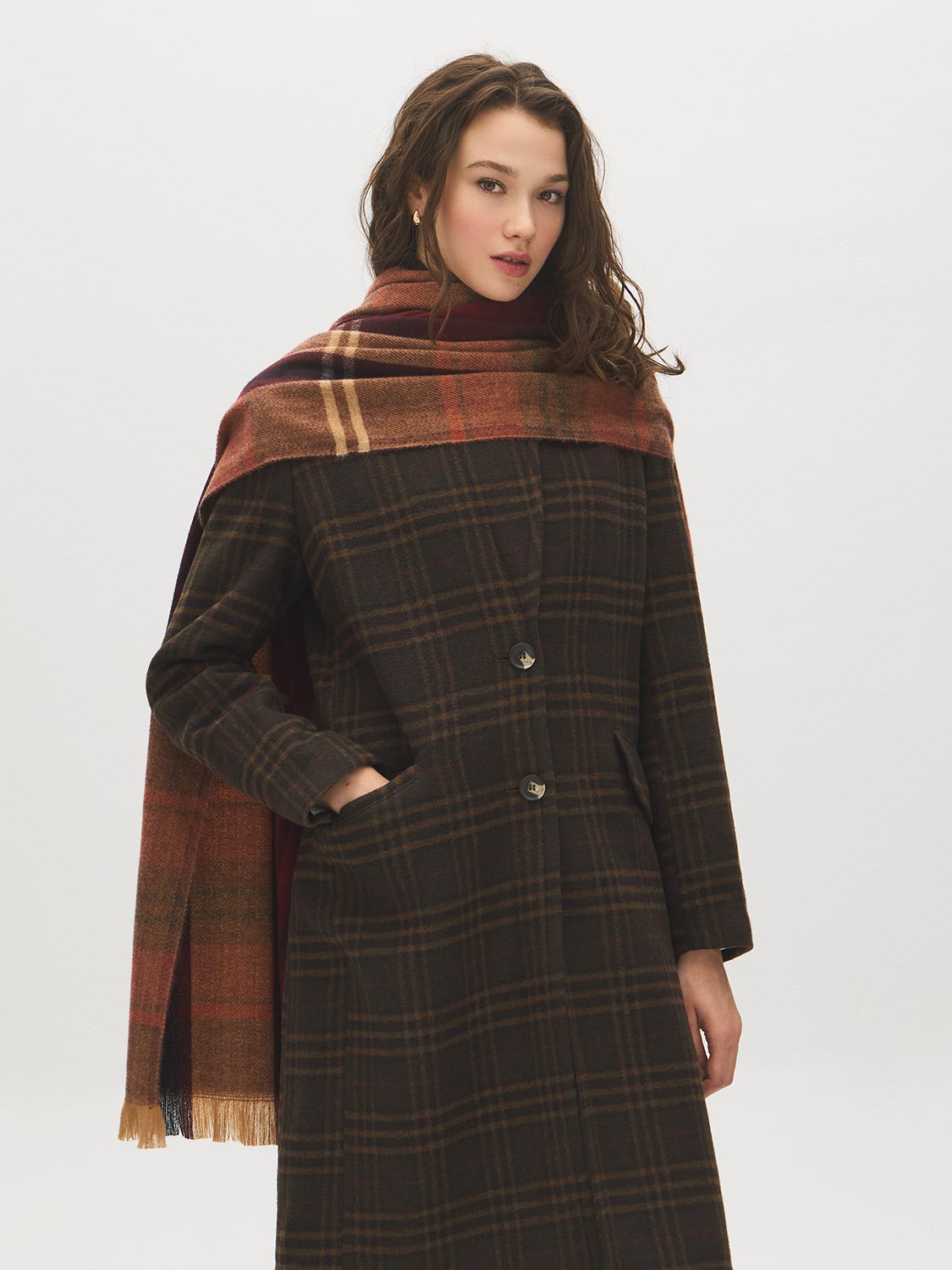 Burgundy Brushed Plaid Scarf - Woman Wearing Cozy Accessory - Suzy Shier
