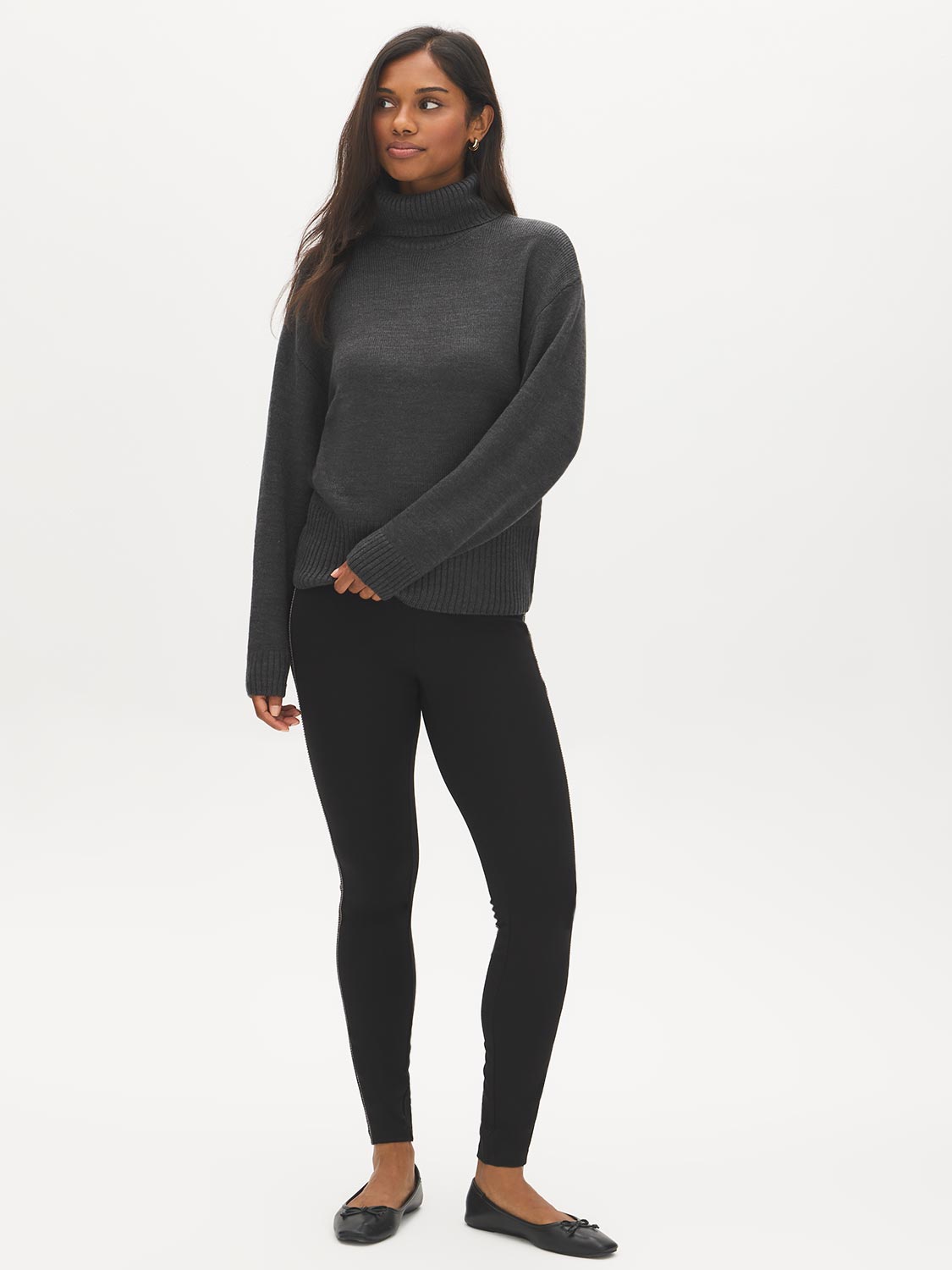 Black Skinny Pull-On Pant with Pewter Side Trim - Woman Wearing Stretch Knit Trousers - Suzy Shier
