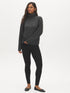 Black Skinny Pull-On Pant with Pewter Side Trim - Woman Wearing Stretch Knit Trousers - Suzy Shier
