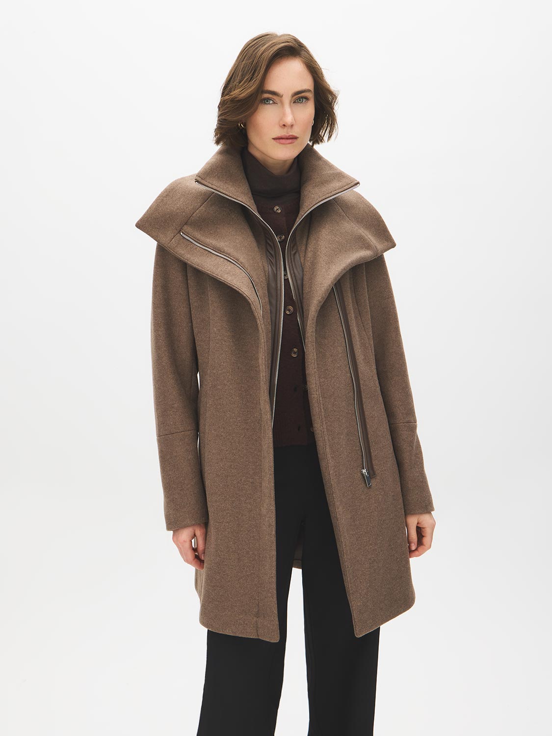 Dark Charcoal Melange Double Collar Mid-Length Coat with Belt - Front View - Suzy Shier