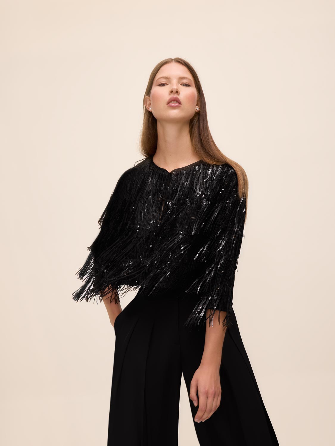 Black Sequin Fringe Bolero Cover Up - Front View - Le Chateau