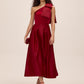 Lipstick Red Satin Bow One-Shoulder Velour Top - Front View - Le Chateau