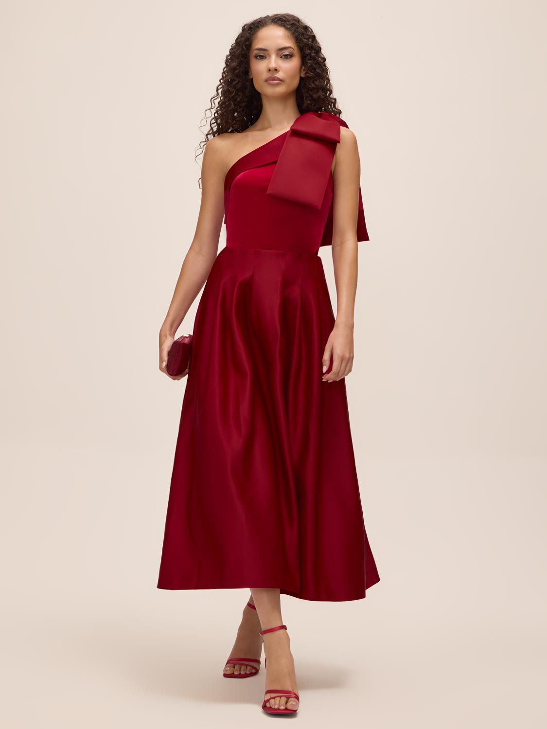 Lipstick Red Satin Bow One-Shoulder Velour Top - Front View - Le Chateau