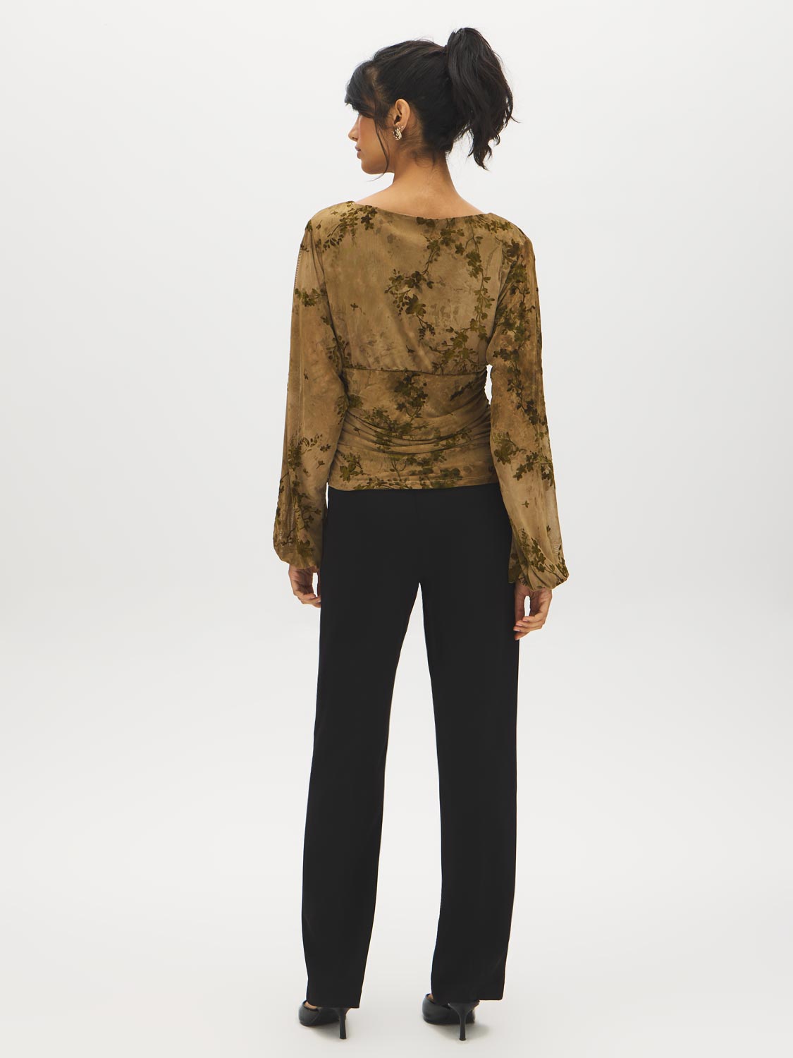 Floral Flocked Mesh Top with Balloon Sleeves - Back View - Suzy Shier