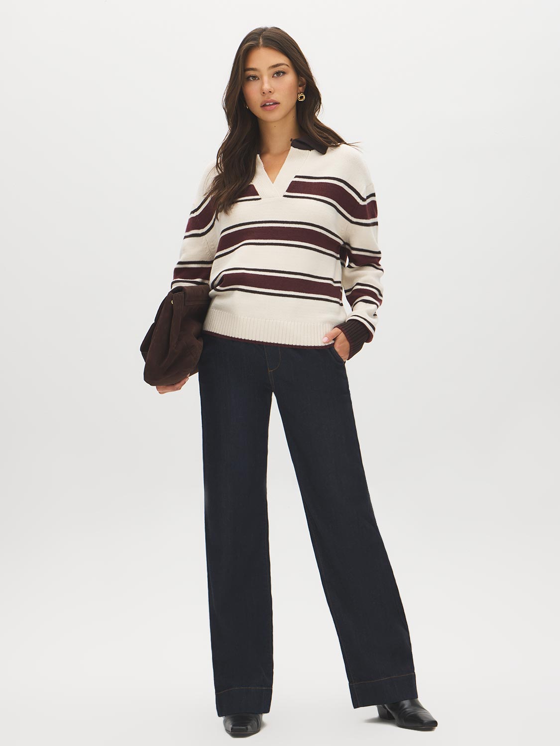 Brown/Burgundy/Dove Stripe Knit Polo Sweater - Front View - Suzy Shier