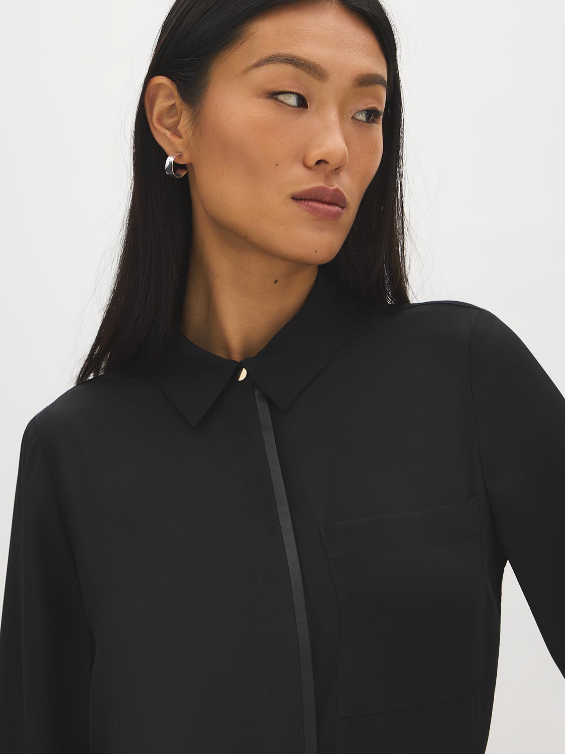 Black PU-Trimmed Long Sleeve Blouse - Collar Detail - Suzy Shier