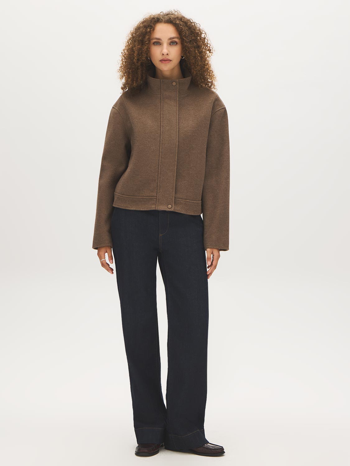 Brown Melange Faux Wool Short Funnel Neck Jacket - Front View - Suzy Shier