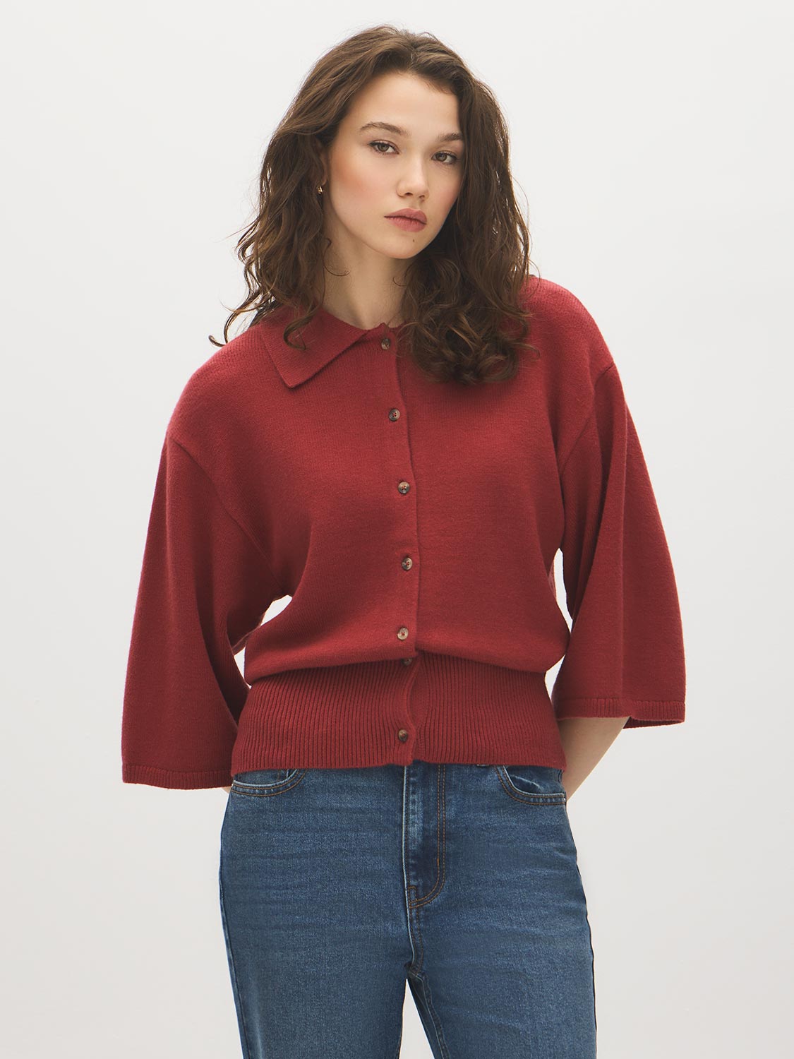 Rosewood Collared Button-Front Sweater with 3/4 Sleeves - Woman Wearing Knit Top - Suzy Shier
