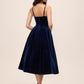 Midnight Blue V-Neck Velour Fit & Flare Cocktail Dress - Back View - Le Chateau