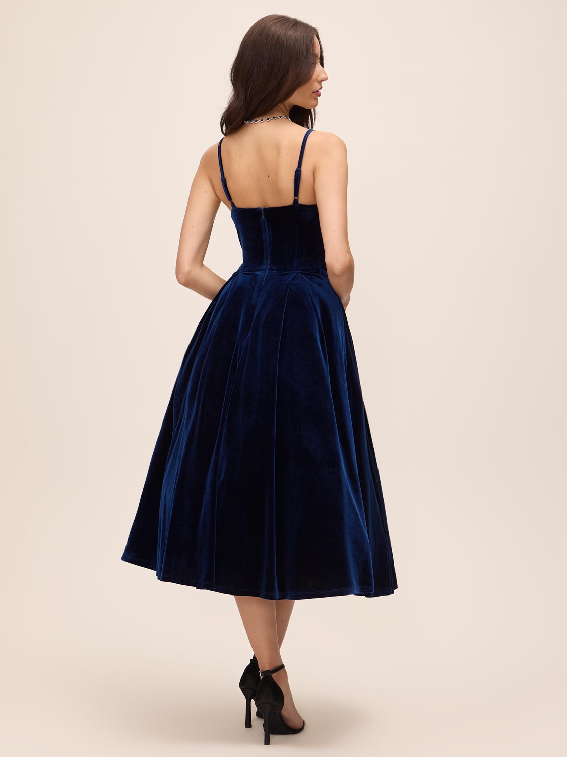 Midnight Blue V-Neck Velour Fit & Flare Cocktail Dress - Back View - Le Chateau