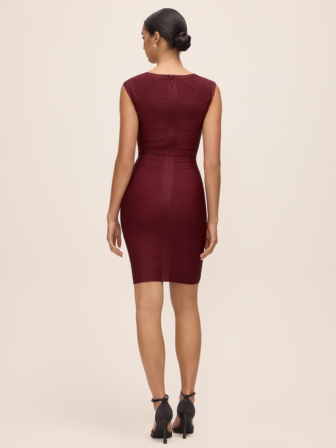 Burgundy V-Neck Bandage Sheath Dress - Back View - Le Chateau