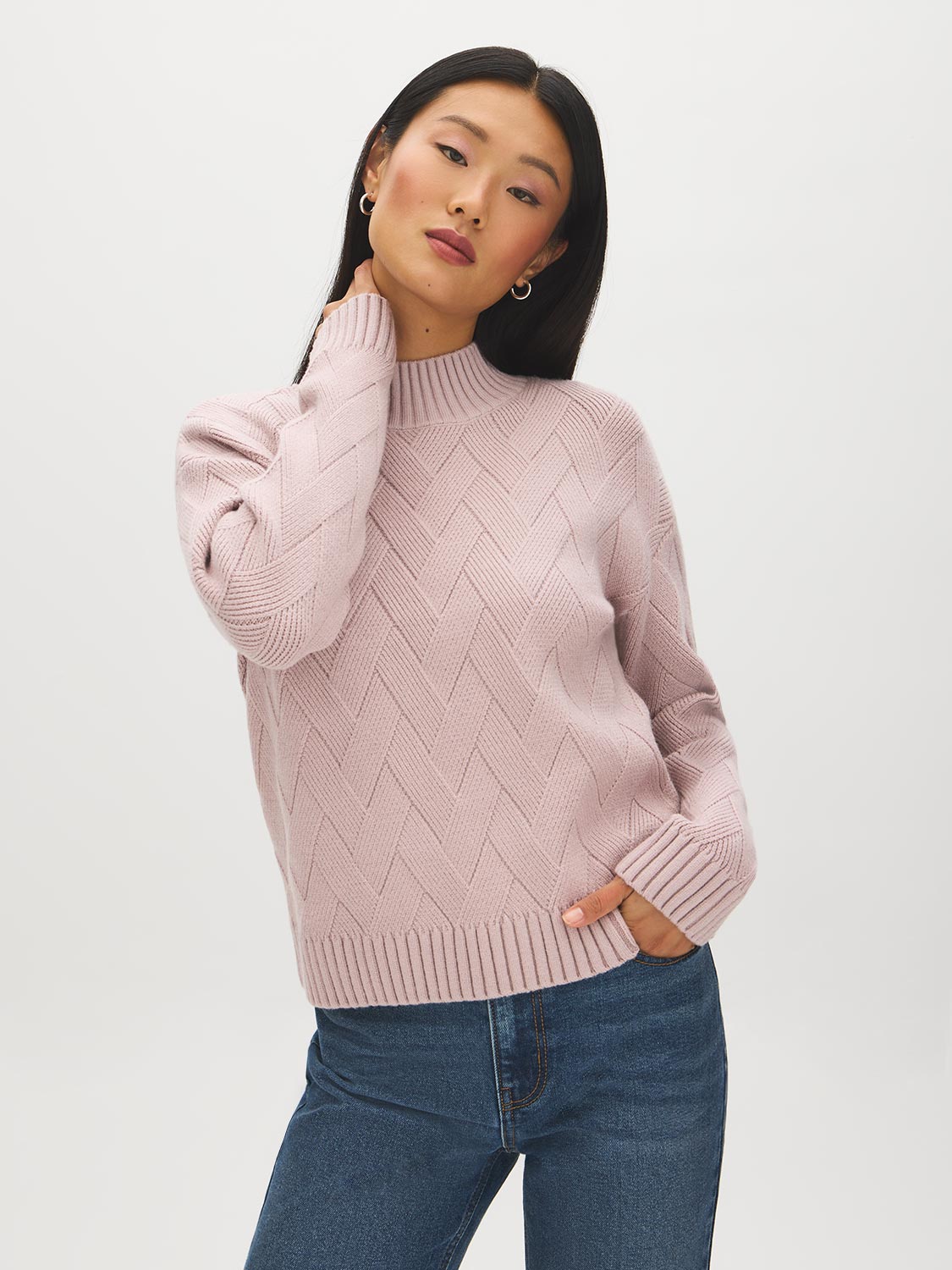 Pink Diagonal Stitch Mock Neck Sweater - Woman Wearing Cozy Knit Sweater - Suzy Shier