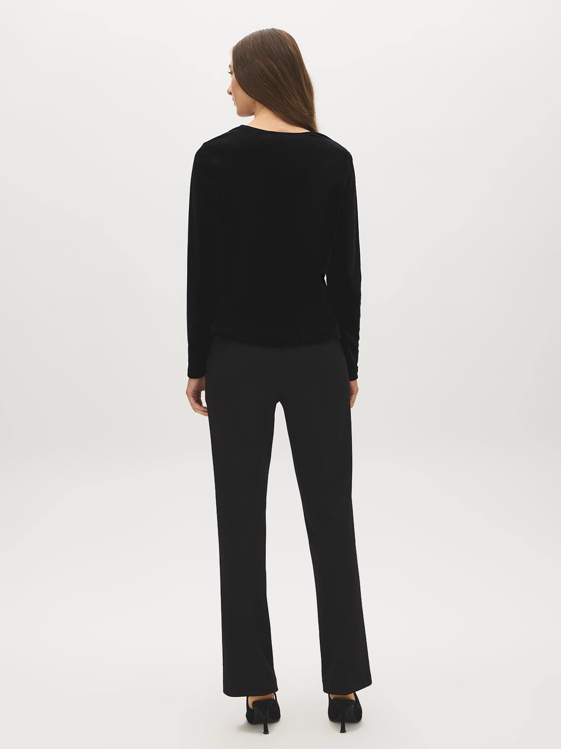 Black Velvet Top with Crochet V-Neck - Back View - Suzy Shier
