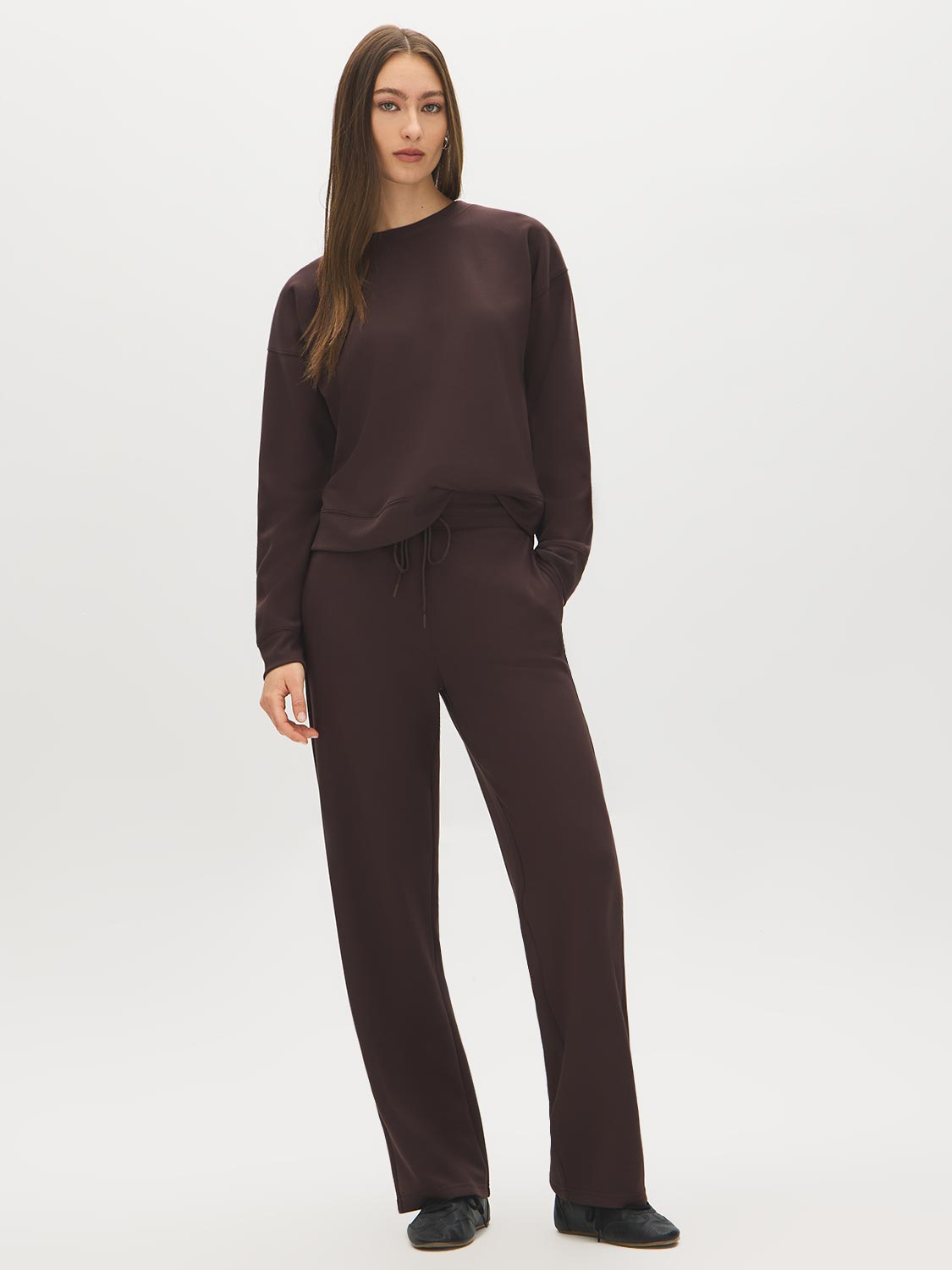 Coffee Bean Cloud Fleece Top with Drop Shoulder Sleeves - Front View - Suzy Shier