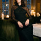 Black Crisscross Halter Mesh Midi Dress - Woman Wearing Elegant Evening Dress - Le Chateau