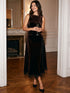 Milk Chocolate Velour Midi Dress with Lace Trim - Woman Wearing Asymmetrical Lace-Trim Dress - Suzy Shier