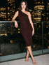 Chocolate One-Shoulder Sheath Dress with Heat Transfer Studs - Woman Wearing Studded Evening Dress - Le Chateau