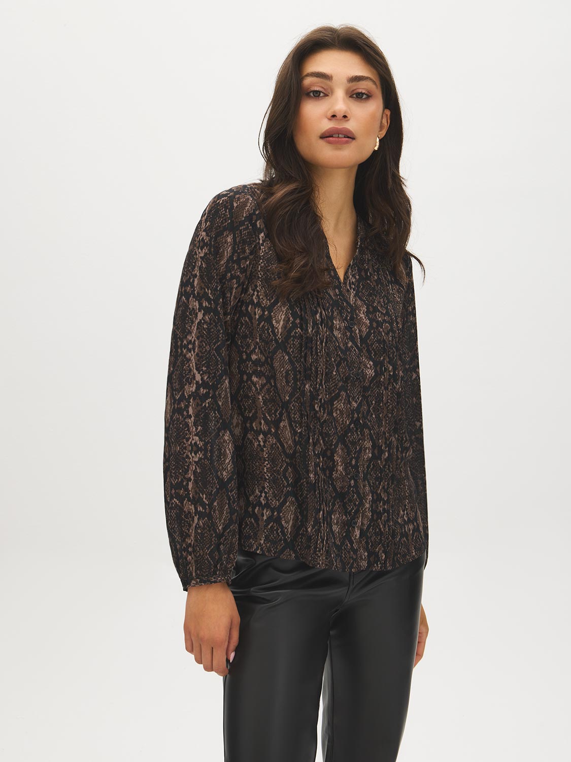 Meteorite Multi Printed Pintuck Blouse - Woman Wearing Long Sleeve Button-Front Top - Suzy Shier