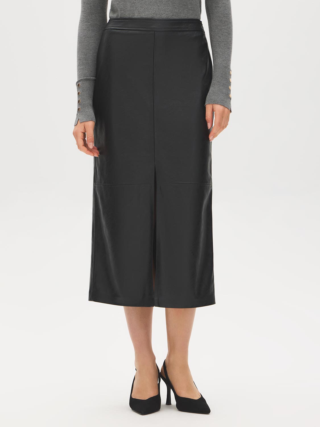 Black Textured Faux Leather Midi Skirt - Front View - Suzy Shier