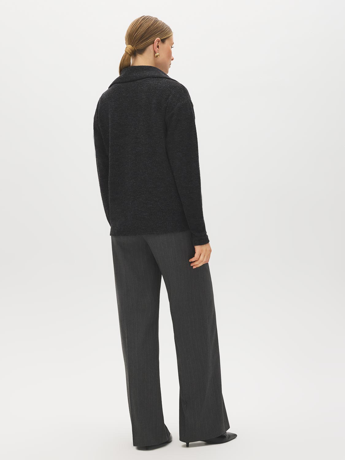 Charcoal Melange Fluffy Rib Knit Top with Half Zip - Back View - Suzy Shier