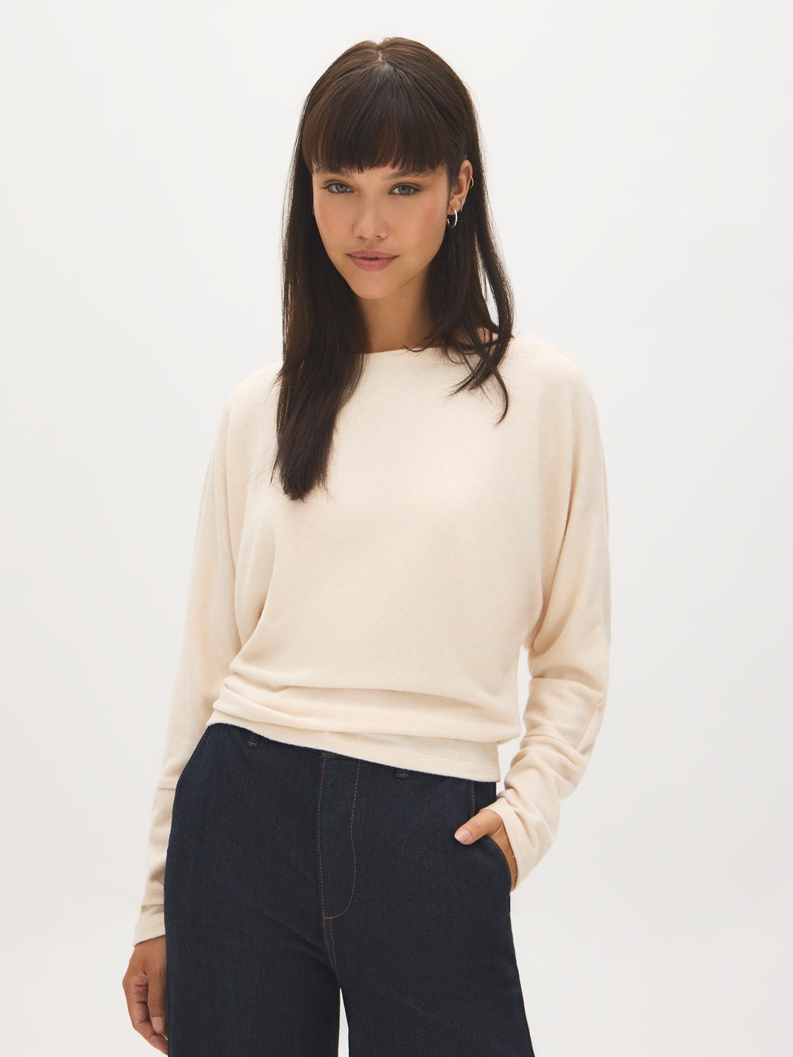 Beige Melange Batwing Sleeve Hacci Knit Top - Side Profile View - Suzy Shier