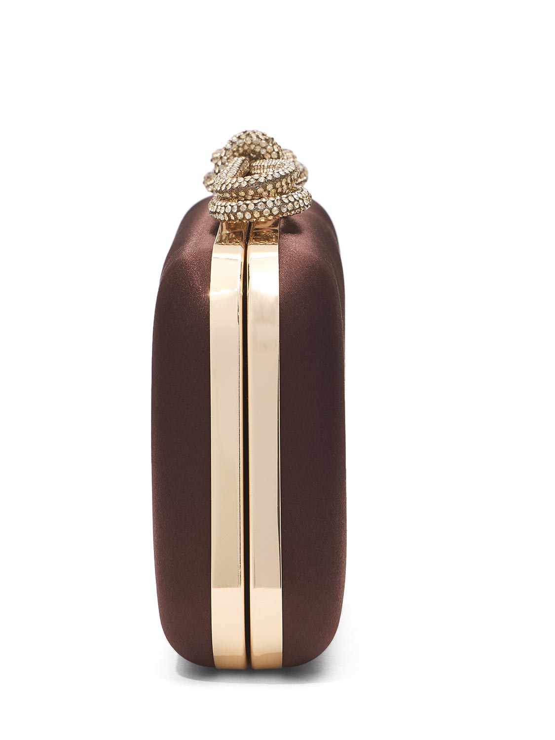 Brown/Gold Woven Satin Minaudi 10re with Jeweled Bow - Side Profile View - Le Chateau