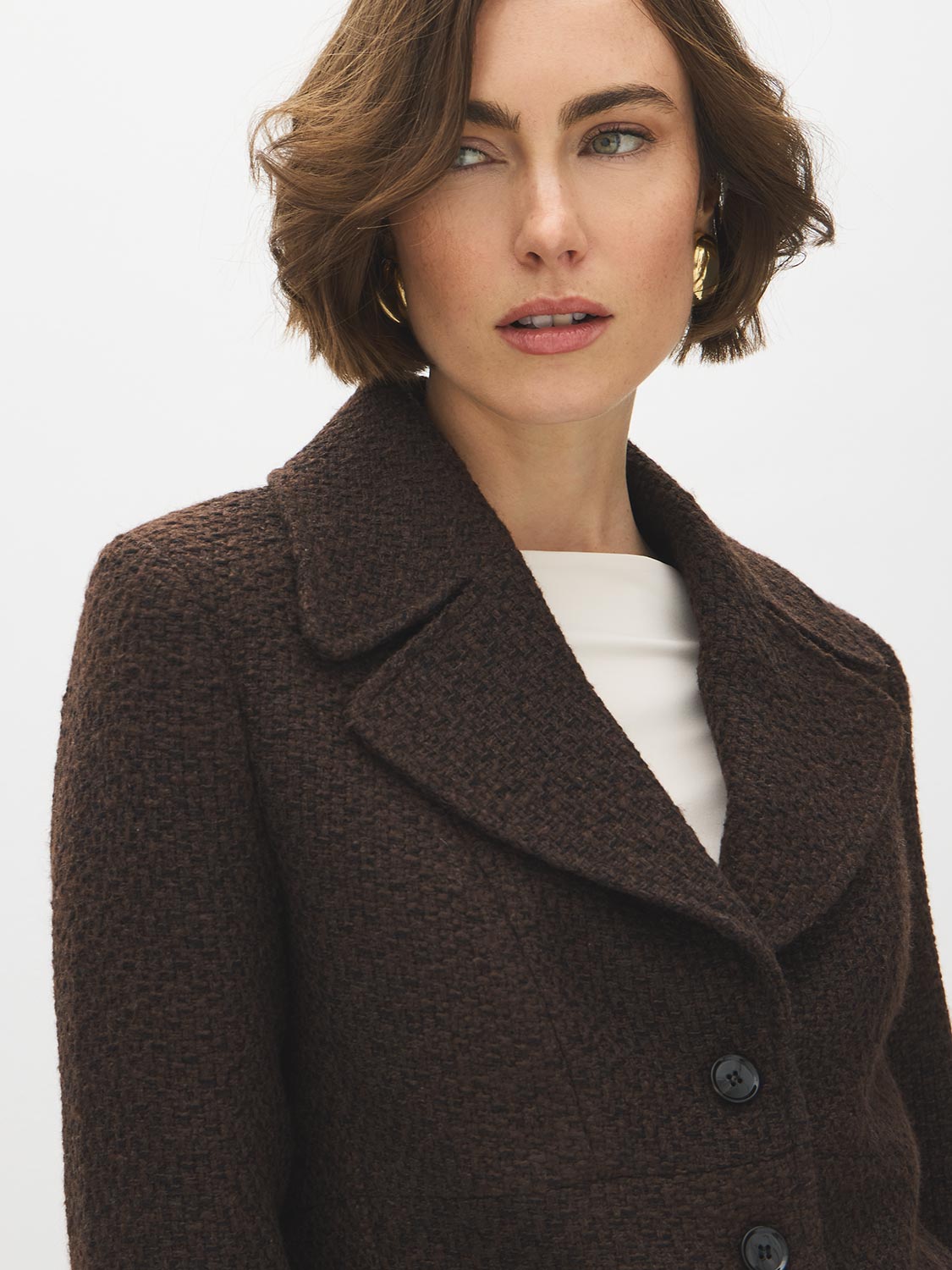 Brown Cropped Boucle Blazer with Large Collar - Close-up Collar Detail - Suzy Shier