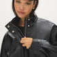 Black Vegan Leather Bomber Jacket with Funnel Neck - Close-up Detail - Suzy Shier