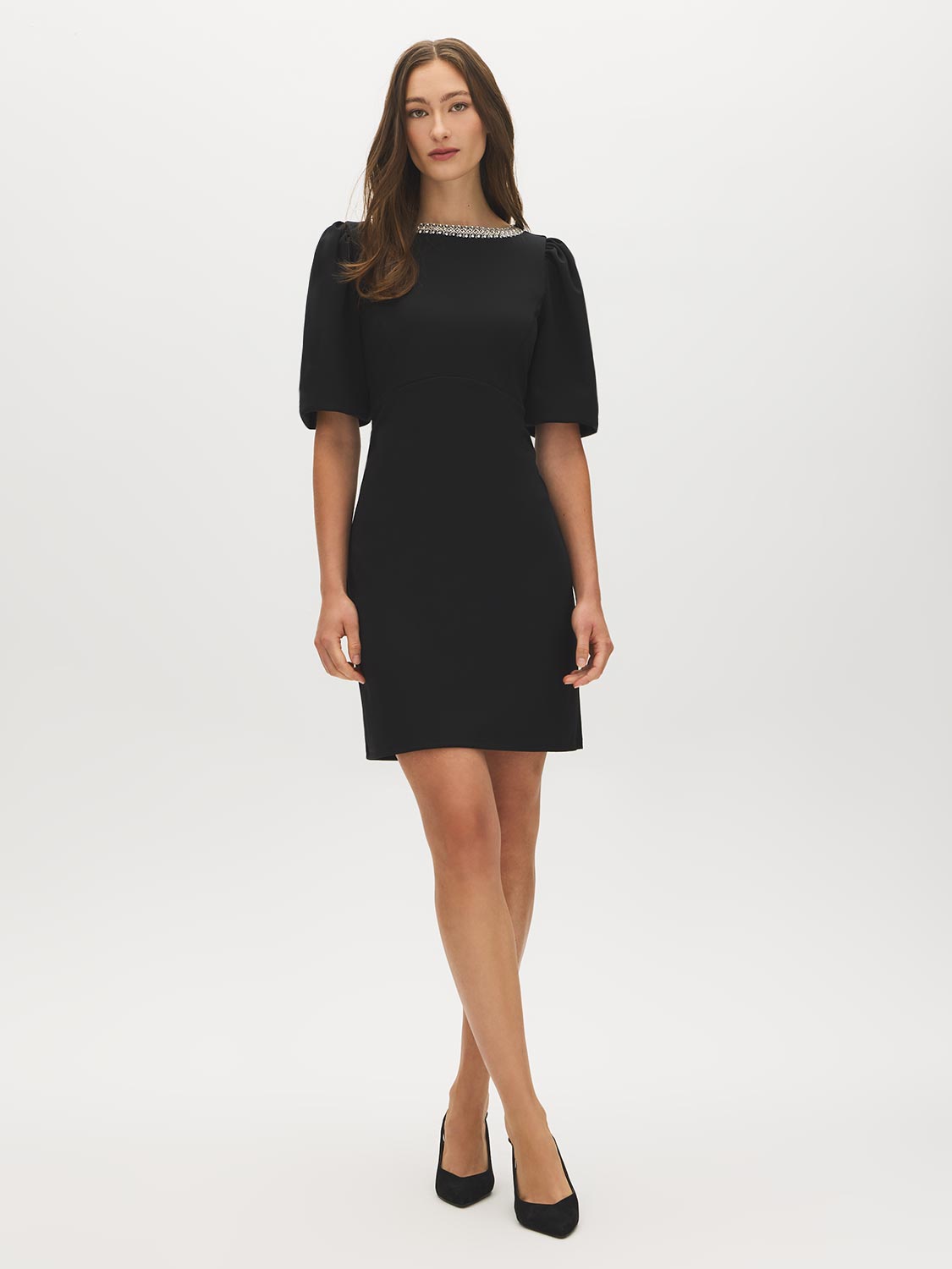 Black Sequined Boat Neck Mini Dress with Puff Sleeves - Woman Wearing Elegant Party Dress - Suzy Shier