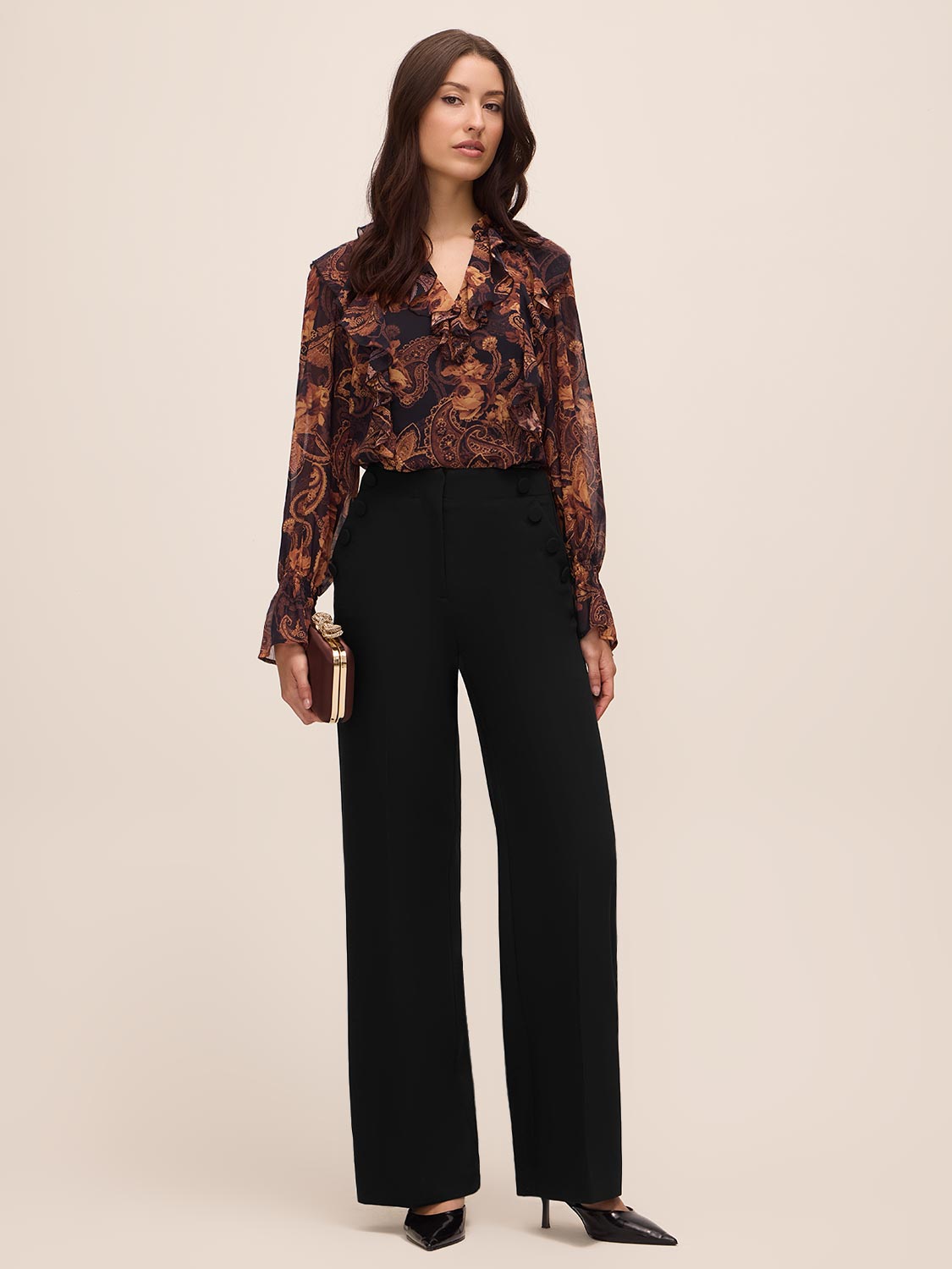 Black Wide Leg Woven Pants with Side Button Detail - Woman Wearing Tailored Trousers - Le Chateau