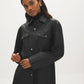 Black Textured Faux Leather Jacket with Patch Pockets - Front Close-up View - Suzy Shier