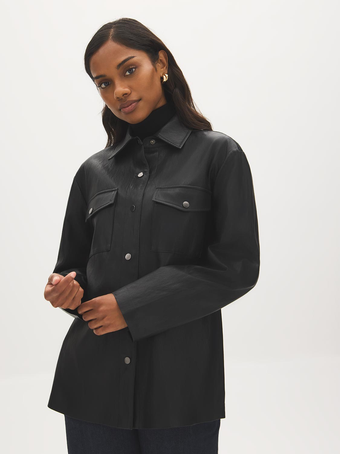 Black Textured Faux Leather Jacket with Patch Pockets - Front Close-up View - Suzy Shier