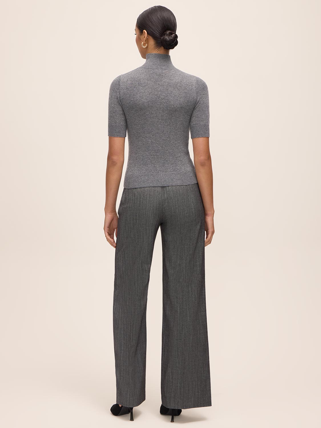 Charcoal Beaded Mock Neck Knit Sweater - Alternate Back View - Le Chateau