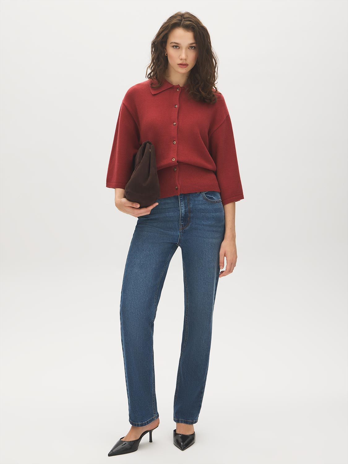 Rosewood Collared Button-Front Sweater with 3/4 Sleeves - Front View - Suzy Shier