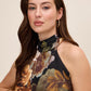 Black/Mocha Floral Satin Gown - Woman Wearing Sleeveless Mock Neck Evening Dress - Le Chateau