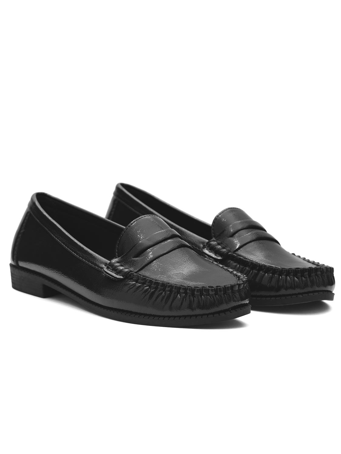 Black Faux Leather Penny Loafer - Angled Pair View - Suzy Shier