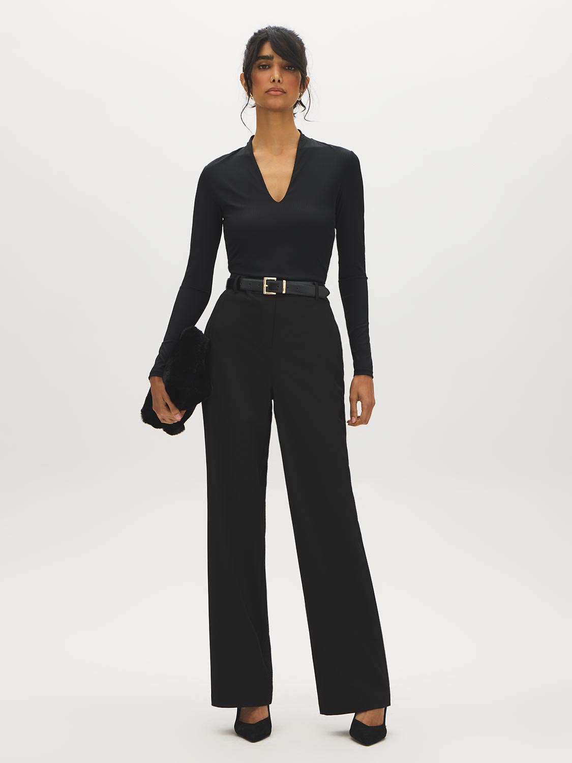 Jet Black Deep V-Neck Ribbed Knit Top - Front View - Suzy Shier