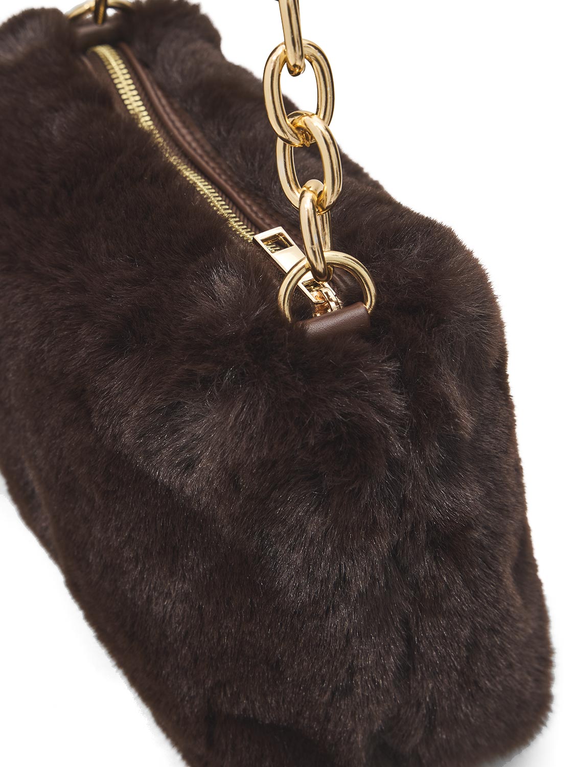 Brown Woven Faux Fur Bag with Gold Chain Handle - Top Zipper Detail - Le Chateau