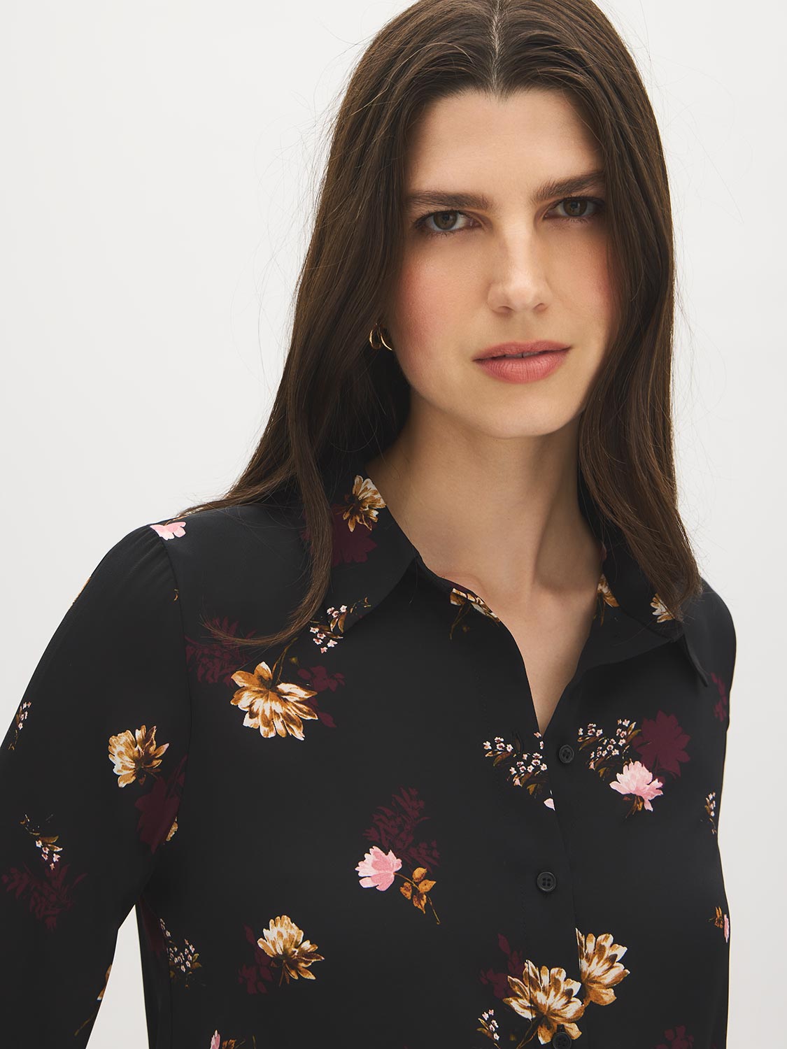 Black Floral Printed Peplum Blouse with Drawstring Waist - Close-up Fabric Detail - Suzy Shier