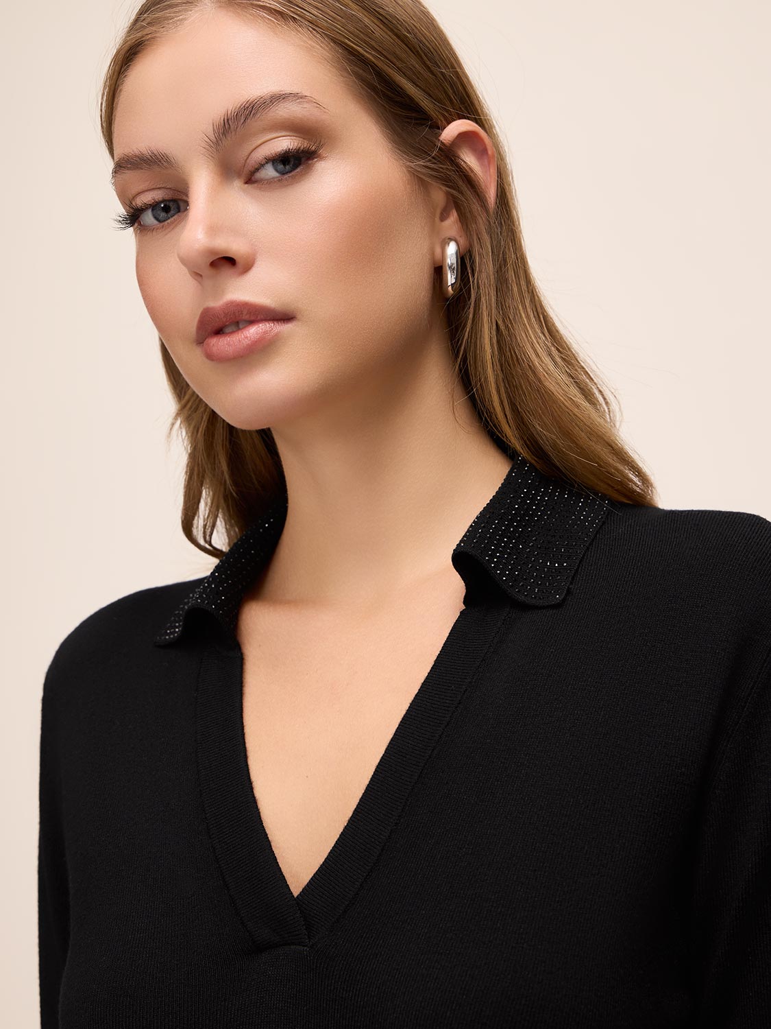 Black Rhinestone Collar Polo Sweater - Collar Detail - Le Chateau