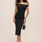 Black Asymmetric Neckline Sheath Dress - Woman Wearing Elegant Ruching Detail Dress - Le Chateau