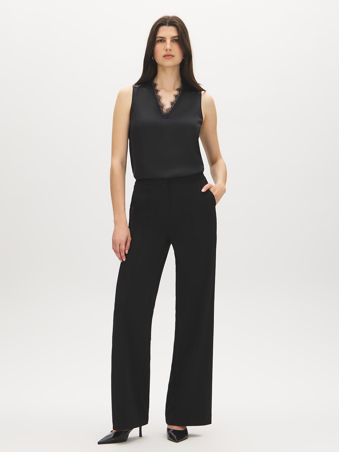 Black Lace Trim V-Neck Sleeveless Top - Front View - Suzy Shier