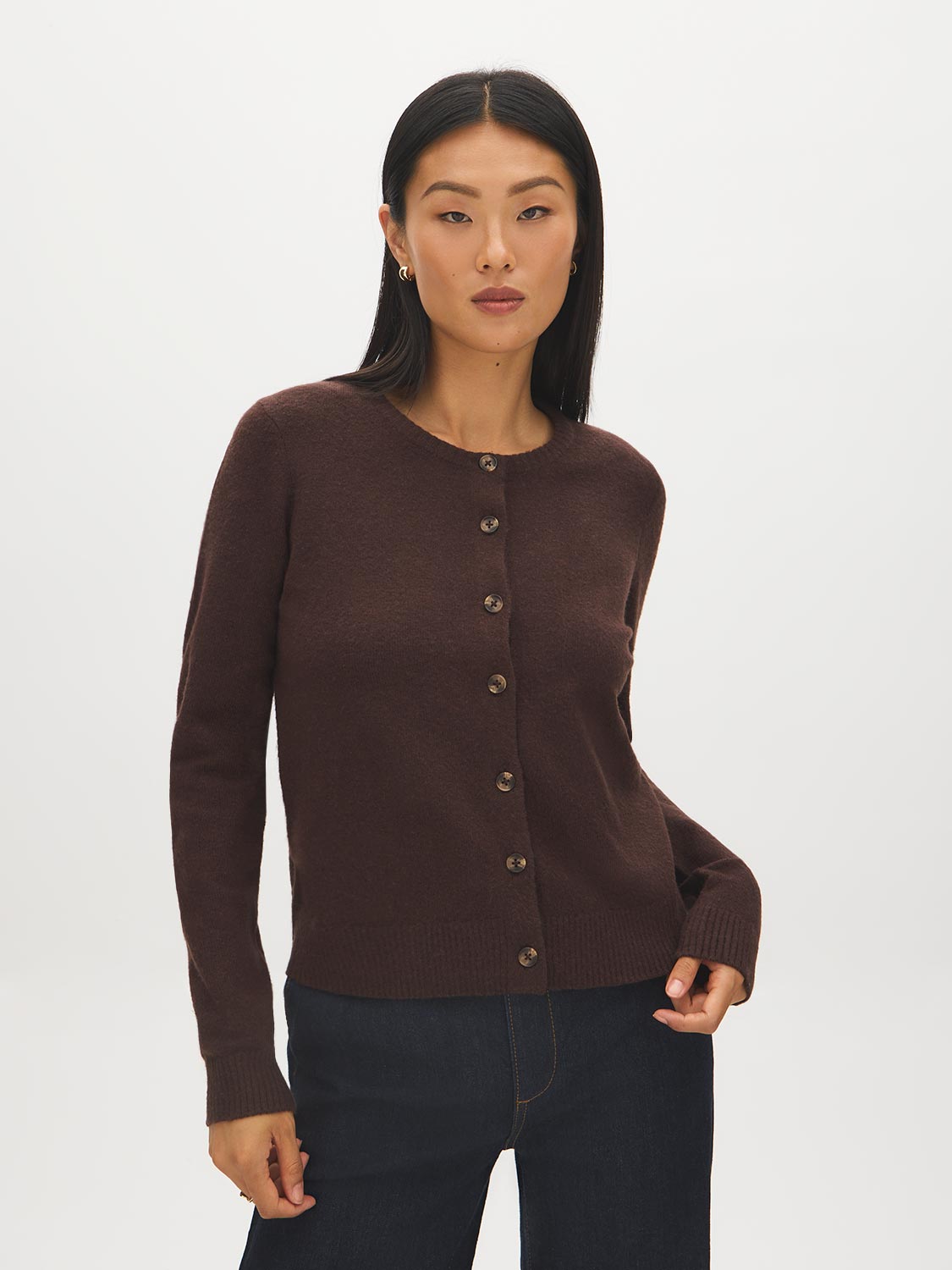 Coffee Bean Button-Front Crew Neck Cardigan - Woman Wearing Long Sleeve Sweater - Suzy Shier