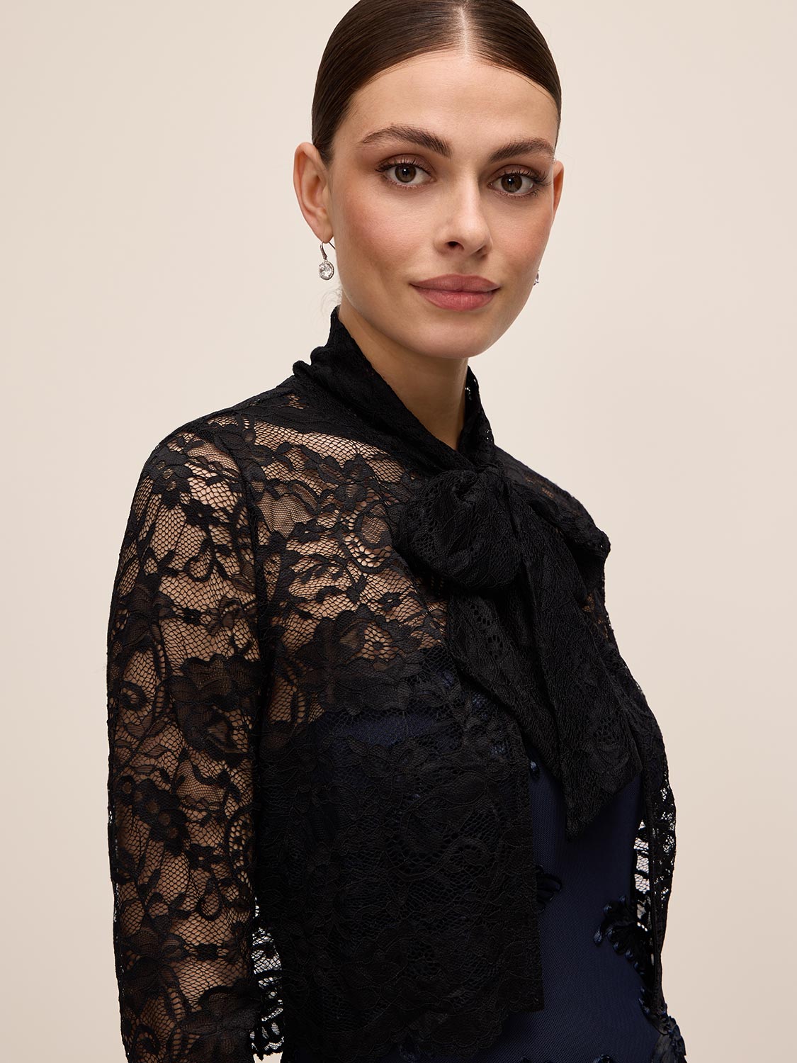 Black Lace Bolero with 3/4 Sleeves and Bow Ties - Close-up Bow Detail - Le Chateau