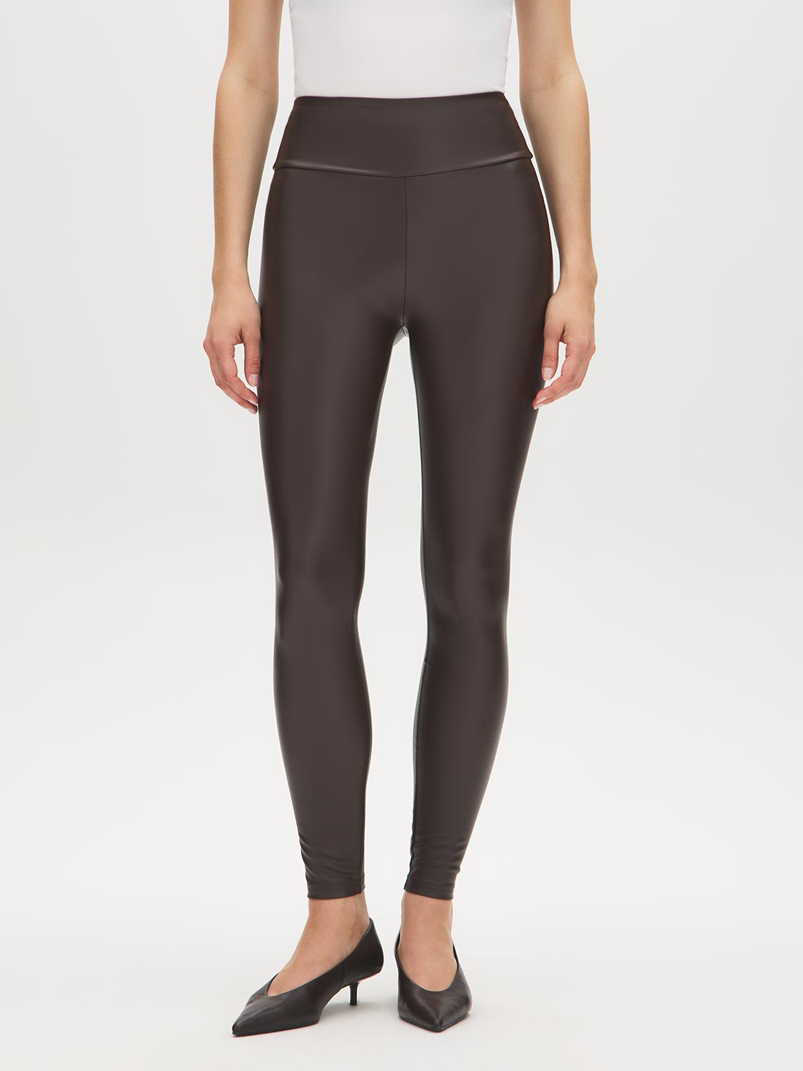 Coffee Bean Faux Leather Wide Waistband Legging - Front View - Suzy Shier