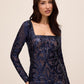 Midnight Blue Square Neck Sequin Midi Dress - Side Profile View - Le Chateau
