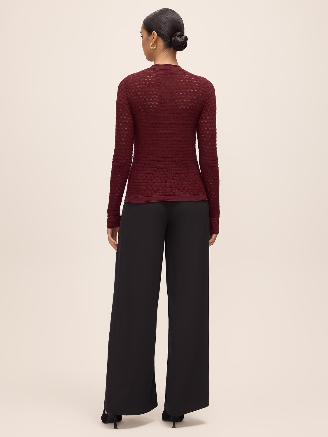 Bordeaux Pointelle Gold Button Cardigan - Back View - Le Chateau