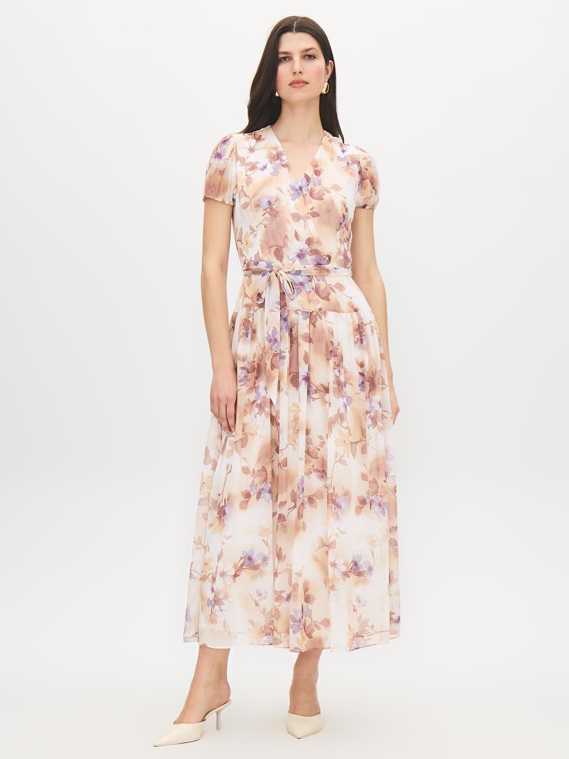 Sand Floral Print Textured Chiffon Midi Dress - Woman Wearing Crossover Front Midi Dress - Suzy Shier