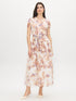 Sand Floral Print Textured Chiffon Midi Dress - Woman Wearing Crossover Front Midi Dress - Suzy Shier